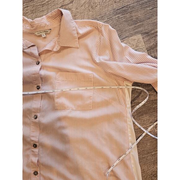 John mark button down Womens large pink stripe embroidered boho pearl buttons - Picture 3 of 9